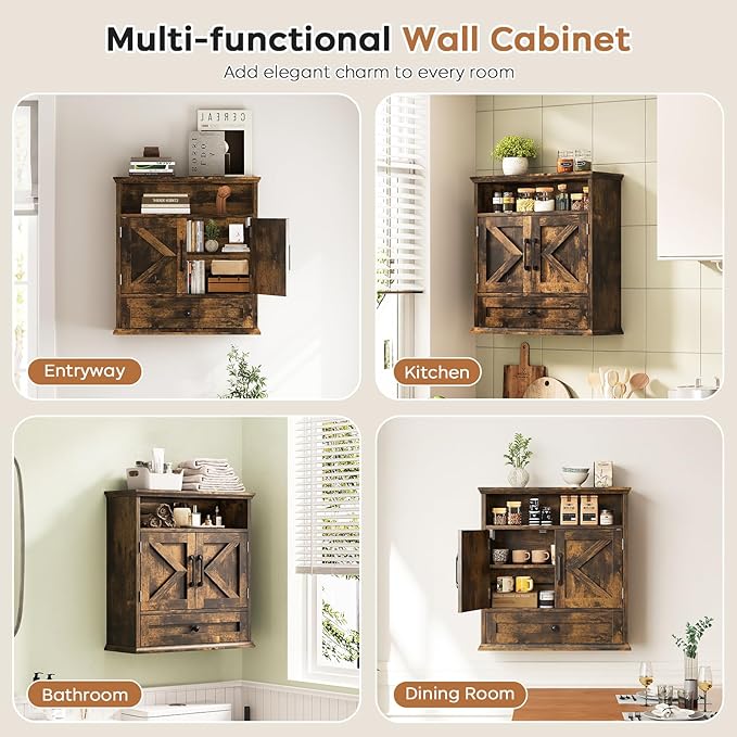 Bathroom Wall Cabinet, Wall Mounted Medicine Cabinet with Drawer, Barn Door & Adjustable Shelf, 24.4"H x 23.6"W x 9"D Rustic Brown Over Toilet Farmhouse Storage Cabinet for Kitchen, Laundry, Entryway