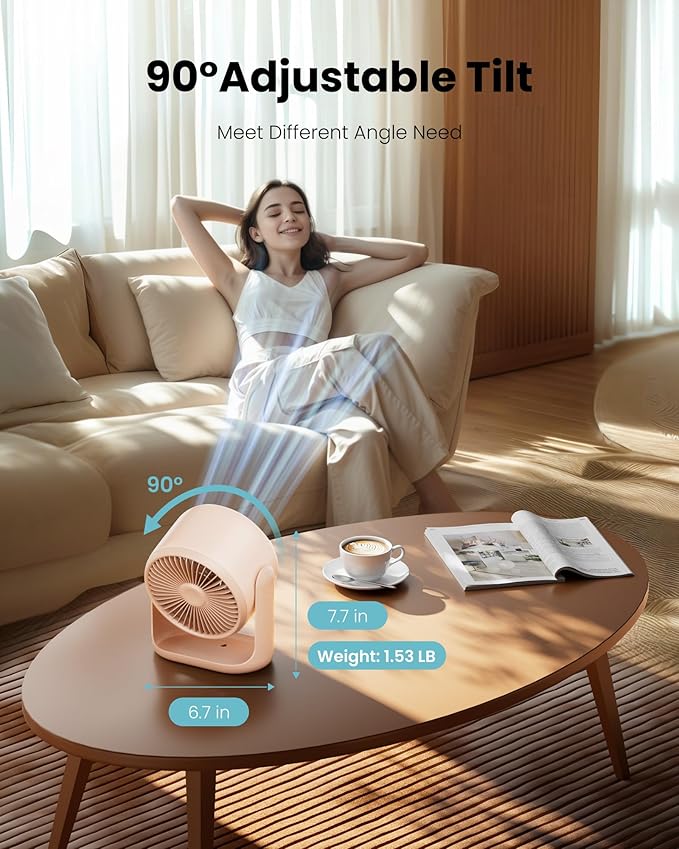 Gaiatop Desk Fan with Touch Control, 4000mAh Battery, 5 Speeds Ultra Quiet Bedroom Fan with LED Display, 90° Tilt, 7.7 Inch USB-C Rechargeable Desktop Fan for Dorm Office Room Home Office, Pink