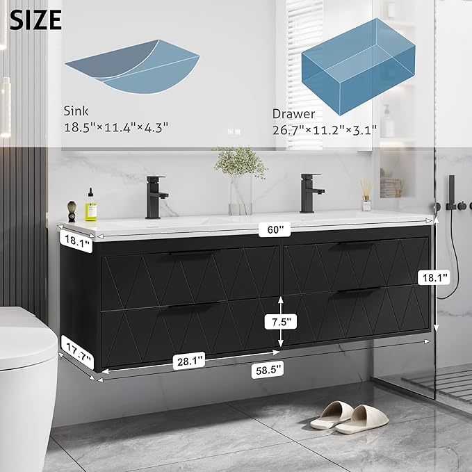 eclife 60" Bathroom Vanities Cabinet with Sink Combo, Wall Mounted Floating Cabinet W/Decor Line, Soft-Close System, 4 Extra Big Drawers, Matte Black Faucet, Black
