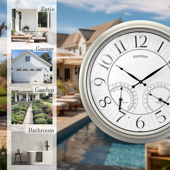 FOUNTAIN DESIGNS 18" Illuminated in/Outdoor Clock with Smart Sensor and Night Light, Waterproof, Large Wall Clock with Thermometer & Hygrometer, for Garden,Pool and Patio Decor (Morning Silver)