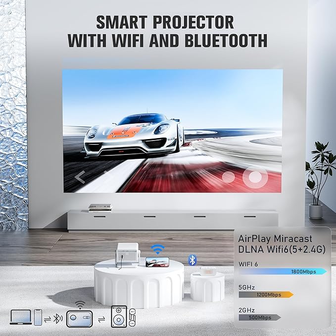 【Officially-Licensed APP & 1800 ANSI】Smart Mini Projector with WiFi and Bluetooth 4K Support, VOPLLS Auto Focus/ Keystone Outdoor Portable Movie Phone Video Proyector for Bedroom/Home/Wall/Celling