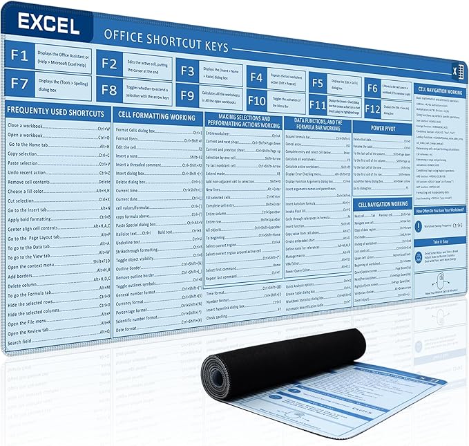 Baziabbo Office Desk Mat, Excel Cheat Sheet Keyboard Mat, Excel Shortcut Desk Pads,Non-Slip Excel Mousepad with Stitched Edges for Computer (Sheet Blue)