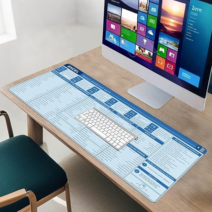 Baziabbo Office Desk Mat, Excel Cheat Sheet Keyboard Mat, Excel Shortcut Desk Pads,Non-Slip Excel Mousepad with Stitched Edges for Computer (Sheet Blue)