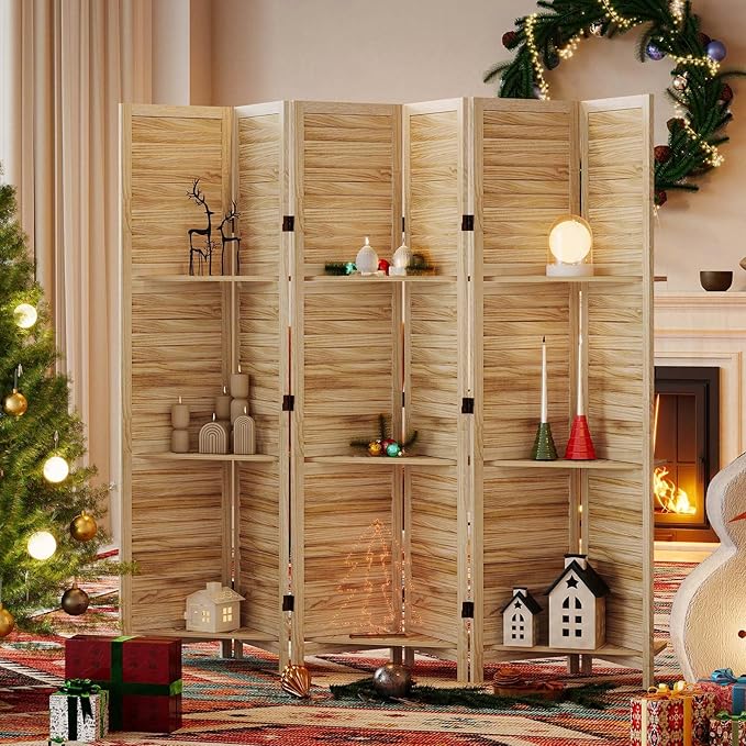 Partition Room Dividers, Folding Wood Privacy Screen with Three Display Shelves Suitable for Home Office, Study, Art Display - 6 Panel, 67 * 77inch (Wood)