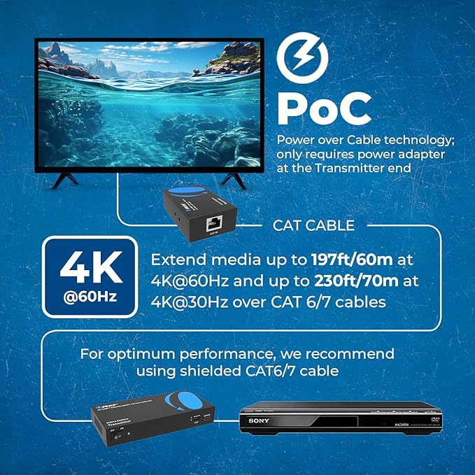 OREI 4K 1x4 HDMI Extender Splitter, Multiple Over Single Cable CAT6/7 4K@60Hz 4:4:4 HDCP 2.2 with EDID Management - Up to 230 Ft - Loop Out - Low Latency