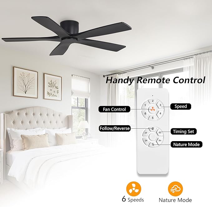 WINGBO 48" Flush Mount DC Ceiling Fans Without Lights, 5 Carved Solid Wood Blades, 6-Speed Reversible DC Motor, Low Profile Hugger Ceiling Fan No Lights for Living Room Bedroom Patio, Matte Black
