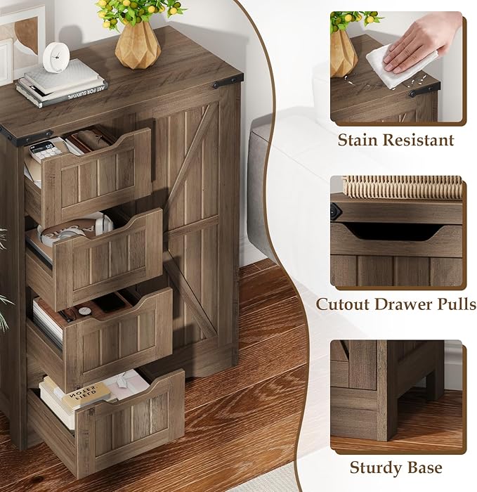 Vabches Farmhouse Bathroom Cabinet, Freestanding Storage Cabinet with 4 Drawers and 1 Door, Rustic Storage Organizer with Adjustable Shelf for Bathroom, Living Room, Entryway, Grey