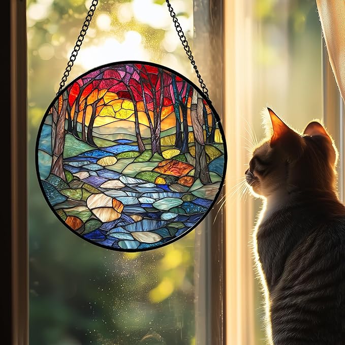 AMDERVEN Stained Glass Window Hanging, Red Tree Abstract Sunset Lake Sun Catcher for Window Home Decor Landscape Suncatcher Mother's Day Birthday Gifts for Women Men Mom and Nana 7.8 in