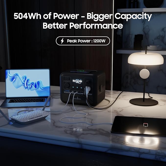 DECOMIL LFP700 Portable Power Station, 504Wh LiFePO4 Battery, 700W AC Output (1200W Peak), Wireless Charging, 80% in 50 Min, Solar Generator for Camping, Emergency, Home Backup (Solar Optional)