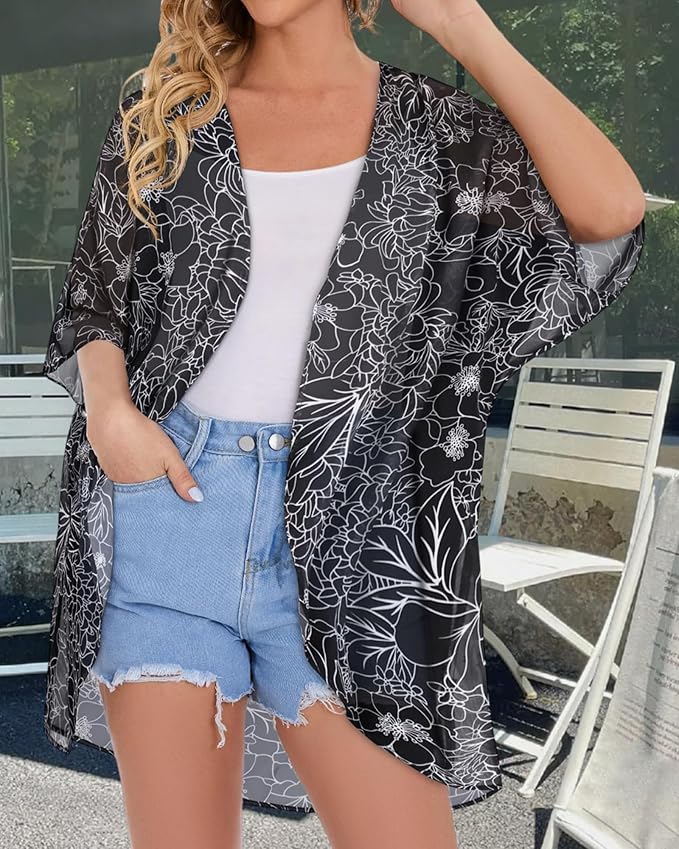 Women's Floral Print Puff Sleeve Kimono Cardigan Loose Cover Up Casual Blouse - Image 3