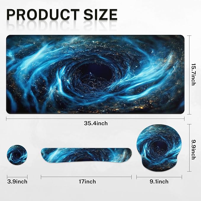 Britimes Blue Black Galaxy Keyboard Mouse Pad Set Desk Ma Space Abstract 4in1 Large Mousepad+Keyboard Wrist Rest+Mouse Wrist Rest+Coaster Ergonomic Design for Home Office Computer 35.4x15.7 inches