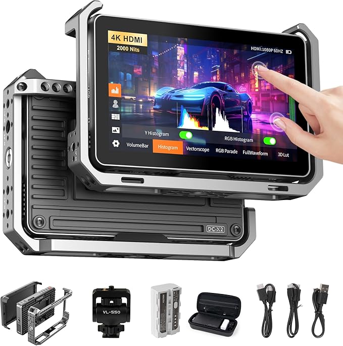 VILTROX DC-X2 2000 Nits Video Field Monitor with Rig Cage, 6 inch Touchscreen 4K HDMI in/Out On Camera Monitor with Sunshade Hood Battery, 1920X1080 HD Focus Peaking 3D Lut Full Waveform RGB Parada