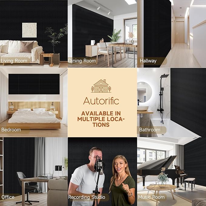 Autorific Acoustic Wall Panels,6 Pack Total Size 72 x 48 Inches,Self-Adhesive Decorative Acoustic Panels for Wall and ceiling,Black