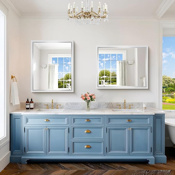 Silver Bathroom Mirror, 36 x 30 Inch Rectangular Wall Mirror 0.6" Thickened Deep Frame, Brushed Silver Vanity Mirrors for Bathroom Sink, Modern Farmhouse, Tempered Glass, Horizontal/Vertical