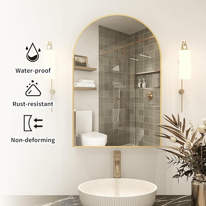 Gold Medicine Cabinet with Mirror,Bathroom Arched Medicine Cabinet Wall Mounted,Modern Vanity Mirror with Storage,Bathroom Storage Cabinet with Adjustable Shelves,Not Recessed,24x36 Inch