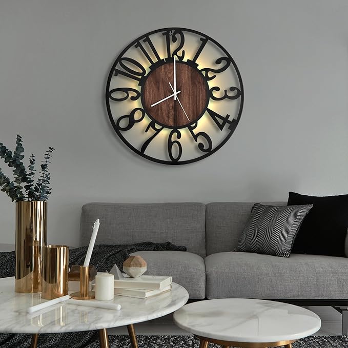 LEIKE Large Wall Clocks with Night Light Battery Operated,Silent Non Ticking,Rustic Modern Big Wood Clock for Living Room, Bedroom,Kitchen,Farmhouse,Office,Home Decor-20 Inch(Black-Arabic Number)