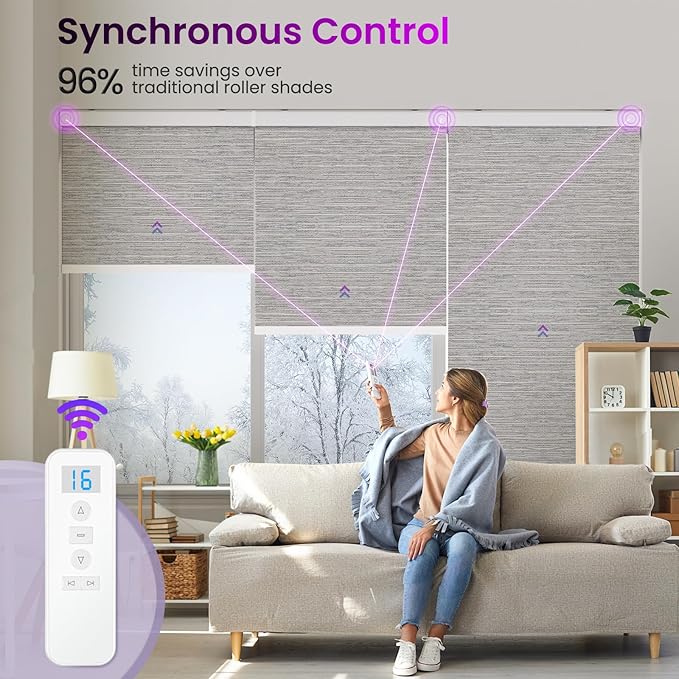 Astomi Motorized Smart Blinds for Windows, Automatic Roller Blackout Shades with Remote Control Compatible with Alexa Google Assistant Customized (Foggy Grey)