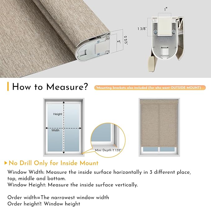 Persilux Smart Motorized Blinds with Remote, No Drill Automatic Roller Shades for Indoor Windows, Light Filtering Linen Fabric, Electric Blinds for Windows, Linen Light Brown C156-3, Custom Size