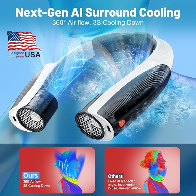 AI Portable Neck Fan with 6 Powerful Speeds, 8000mAh Battery Operated USB-C Rechargeable Fan, Hands-Free 360° Cooling Neck Fan,Twistable,Ultra-Quiet Personal Fan for Women Men Travel(Black-White)