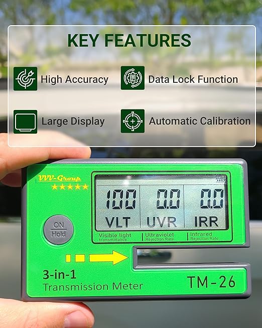 Digital Car Window Tint Meter TM-26 / Side Window Tint, Sun Control Film, VL/UV/IR Transmittance Detection, Tester Meter Gauge (with PU Case)