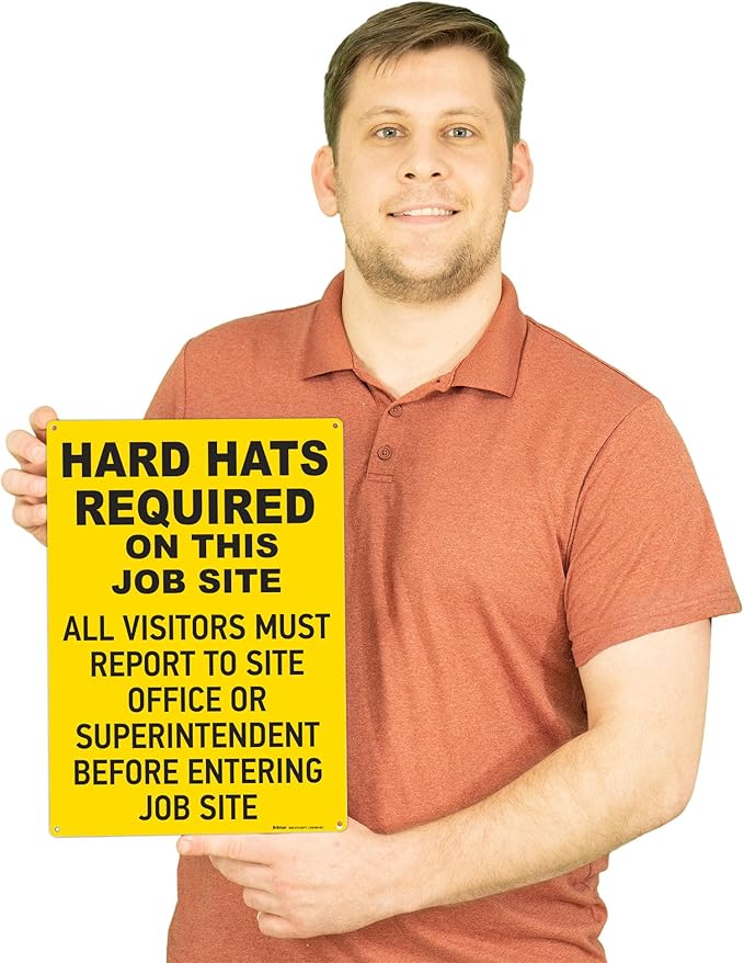 Brimar - 10" x 14" - Hard Hats Required on Job Site Sign - .055″ Polyethylene Plastic - Bold Text - Easy Installation