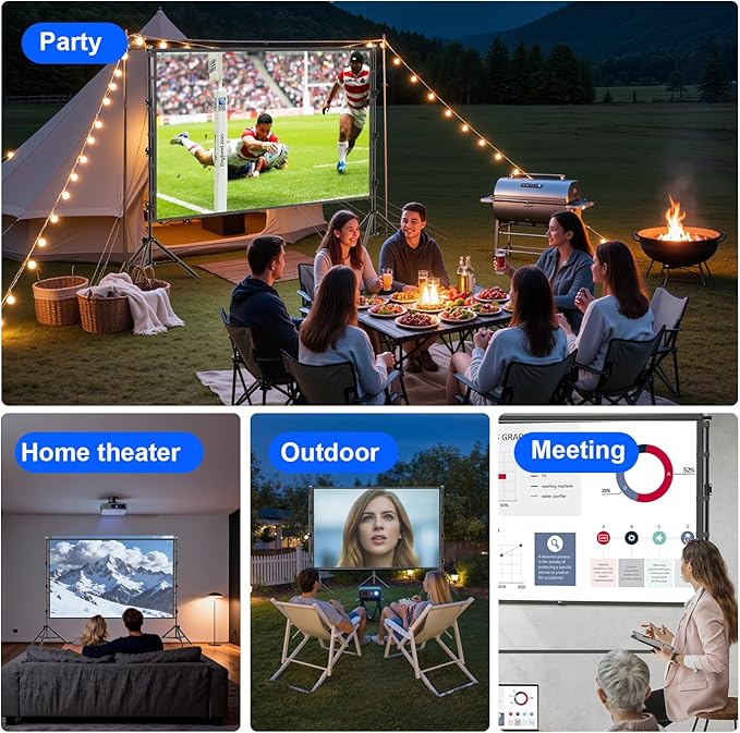 VntB Outdoor Projector Screen with Stand, 150 inch Portable Projection Screen Wrinkle-Free 16:9 4K HD Rear Front Movie Screen with Carry Bag for Indoor Home Theater, Camping and Backyard Entertainment