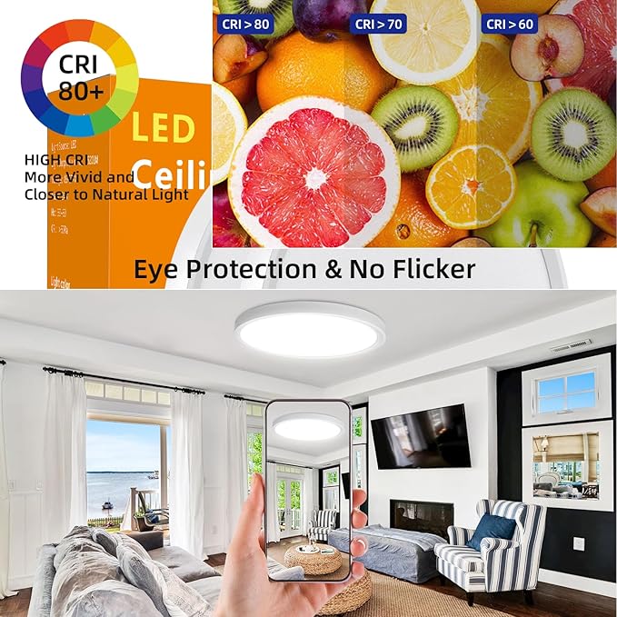 RLEDPZTX Led Flush Mount Ceiling Light,16 Inch 32w 3480lm,3000k/4000k/6000k 3CCT Selectable, Round Modern Flat Panel Super Slim Led Ceiling Light,for Living Dining Kitchen Bedroom Room (1Pack-White)