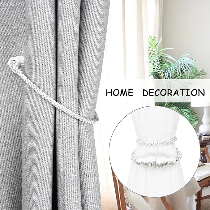Nieffeiy Magnetic Curtain Tiebacks Outdoor Curtain Tie Backs Rope Decorative Magnetic Curtain Holders for Drapes Window Treatment Holdbacks, White 6Pack