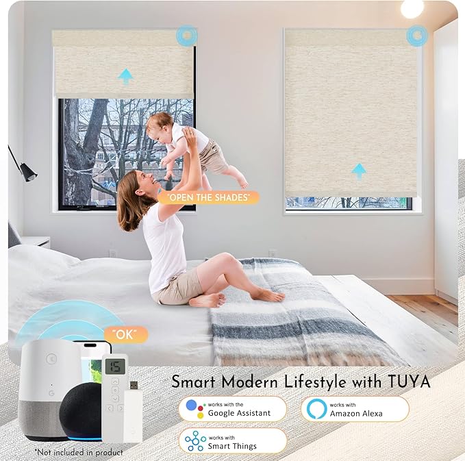 Persilux Smart Motorized Blinds with Remote, No Drill Automatic Roller Shades for Indoor Windows, Blackout Linen Fabric, Electric Blinds for Windows, Linen Cream C156BO-1, Custom Size