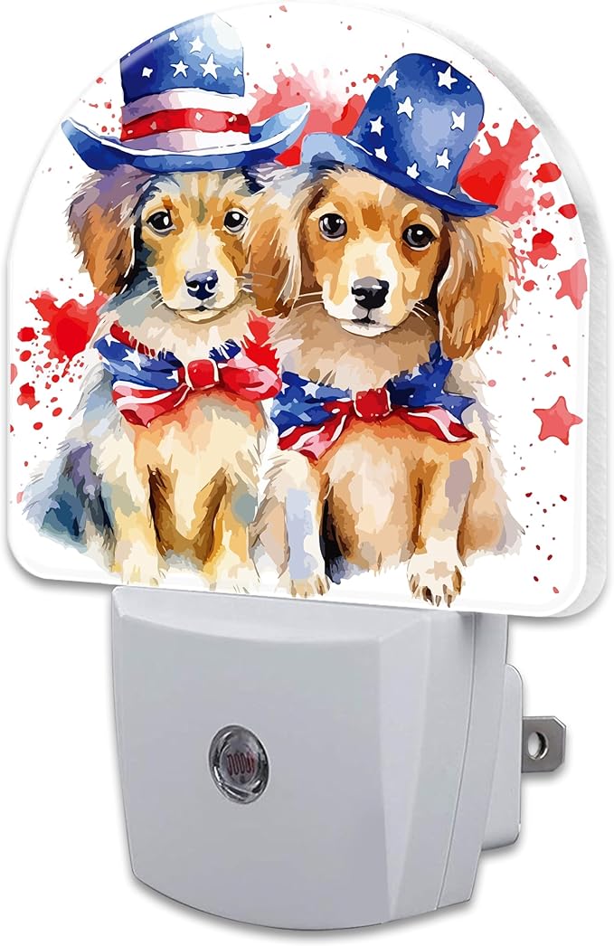 sndheke USA Flag Dog Couple Night Light Plug into Wall, American Patriotic Cute Dogs Dusk to Dawn Night Light Plug in,0.5w Energy Saving Sleep Friendly NightLight for Kids Boys Girls Home Decor