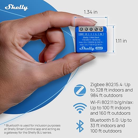 Shelly 1 Mini Gen4 | Wi-Fi, Zigbee & Matter Smart Relay Switch with Dry Contacts, 1-Channel 8A | Home Automation | Alexa, SmartThings, Google Home, Apple HomeKit Compatible | Garage Door Opener