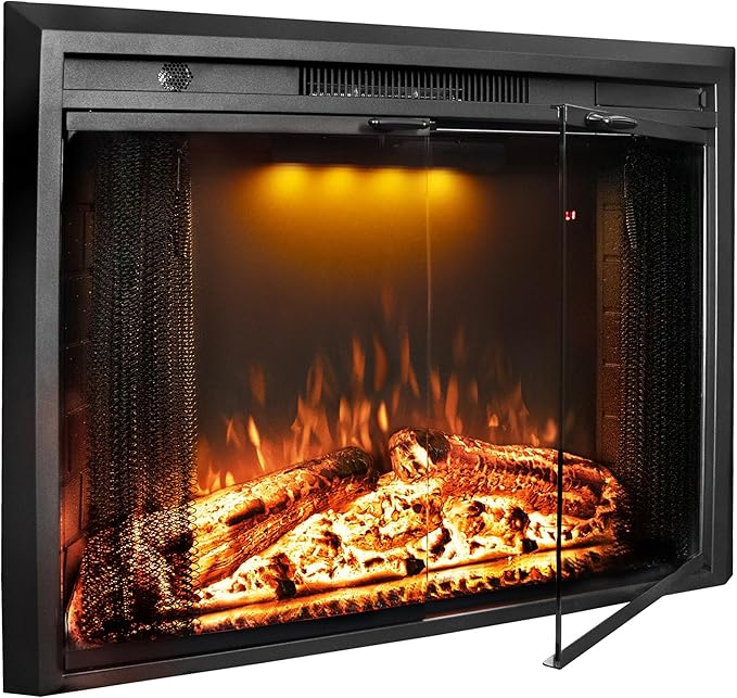33 Inches Electric Fireplace Insert, 750W/1500W Fireplace Heater with Adjustable Flame and Top Light Colors, Fire Crackling Sound, Remote Control, Timer, Glass Door & Mesh Screen, Black
