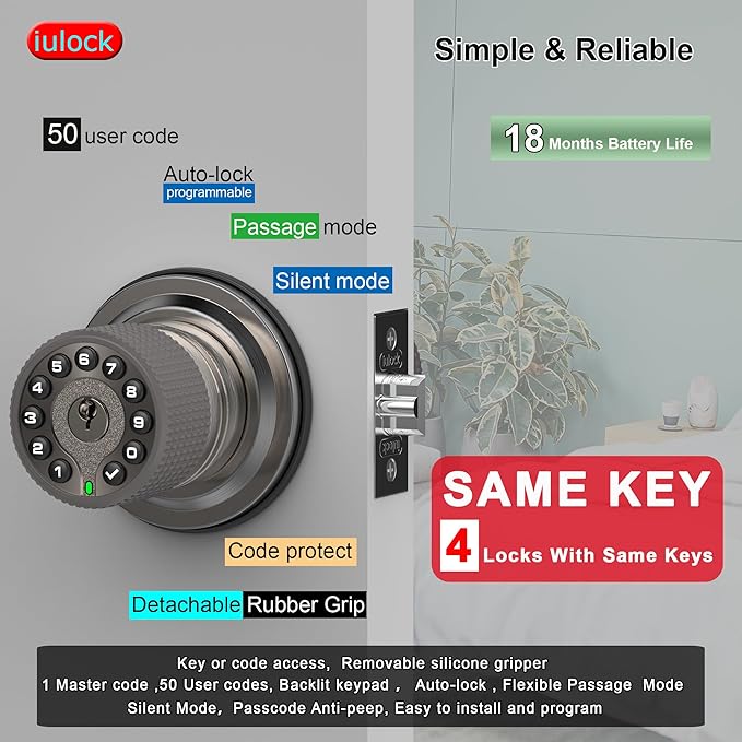 iulock Smart Door Knob with Keypad and Key,Keyless Entry Door Lock with Rubber Grip, Auto Lock,50 User Code,Waterproof, Easy to Install and Program for Bedroom(Stain Nickel Same Key 4 Pack)