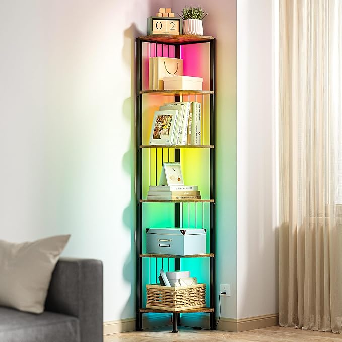 MonaSixy 6 Tier Corner Shelf with Light, Music Synic 60000 DIY LED Color Smart Remote Tall Display Shelves Corner Shelf Stand Bookshelf Wood Rack Metal Frame for Living Game Room Bedroom, Rustic Brown