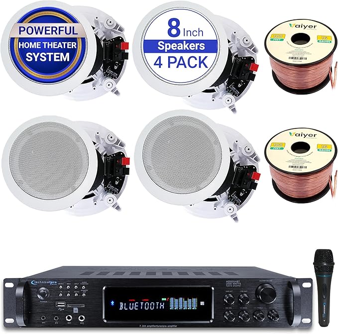 Home Stereo System Kit – 7.2 Channel 2500 W Bluetooth Amplifier w/ 4 Qty of 8” Framed Ceiling Speakers 300 W Each, Mic, 200 ft Speaker Wire & Remote Ideal for Home, Office, Restaurant by Vaiyer