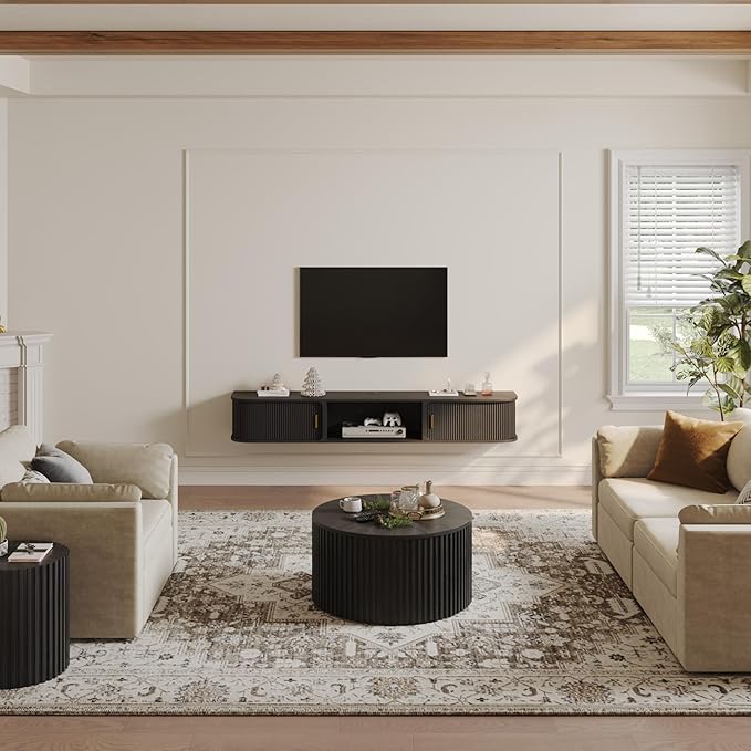 POVISON Mid-Century Modern Floating TV Stand with Sliding Tambour Doors, Fully-Assembled Wall Mounted Media Console for Living Room, Entertainment Center with Open Storage for 75 Inch TV