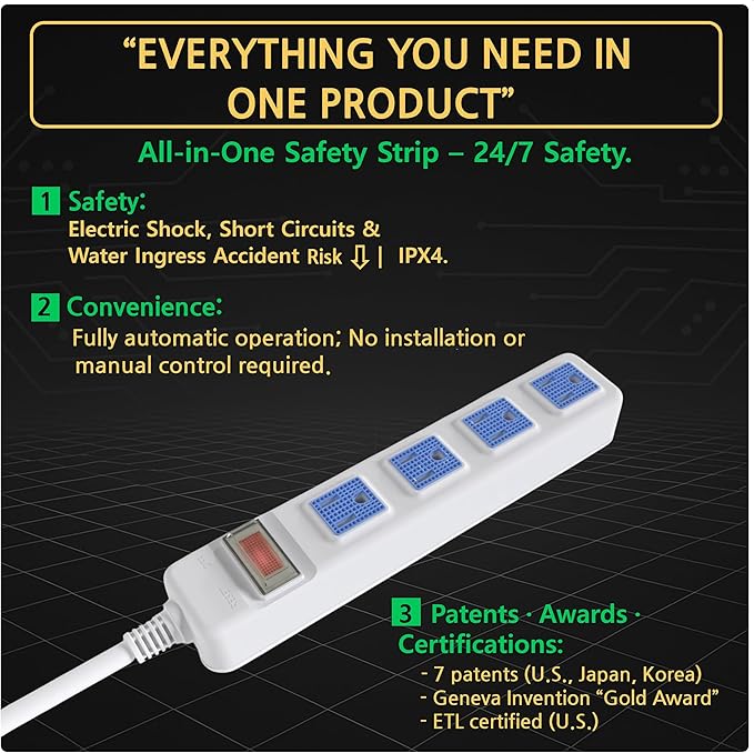 S.O.V Splashproof IPX4 Power Strip, Patented Zero-Current Auto Shut Off, ETL Listed, 4-Outlet Flat Plug, Black, 10ft Cord