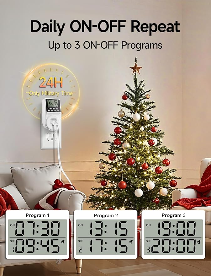 Techbee Indoor Digital Infinite Repeat Cycle Intermittent Outlet Timer Plug 24 Hour Programmable Timed Electrical Power Switch with Countdown Delay on Off Function for Lights and Appliances (2 Pack)