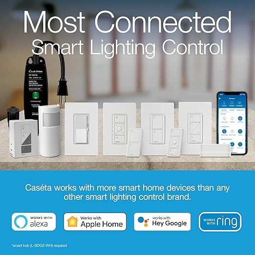 Lutron Claro Smart Light Switch for Caseta Lighting, for LED Lights, Fans, 5 Amp, Single-Pole/3-Way, Neutral Required, DVRF-5NSS-WH-9, White, 9 Pack