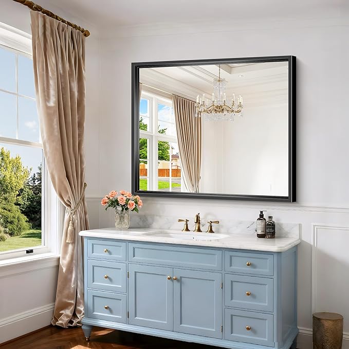 Bathroom Mirror, 42 x 36 Inch Brushed Black Rectangle Mirror, 0.6" Thickened Deep Frame Mirrors for Wall Over Sink, Shatterproof Tempered Glass, Antirust, Horizontally or Vertically