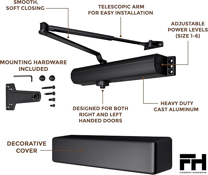 Finsbury Commercial Black Door Closer Automatic Heavy Duty High Traffic Adjustable ANSI/BHMA Grade 1 Standard, UL Listed ADA Compliant Hydraulic Backcheck Delayed Action Latch Speed 1-6 Power (Black)