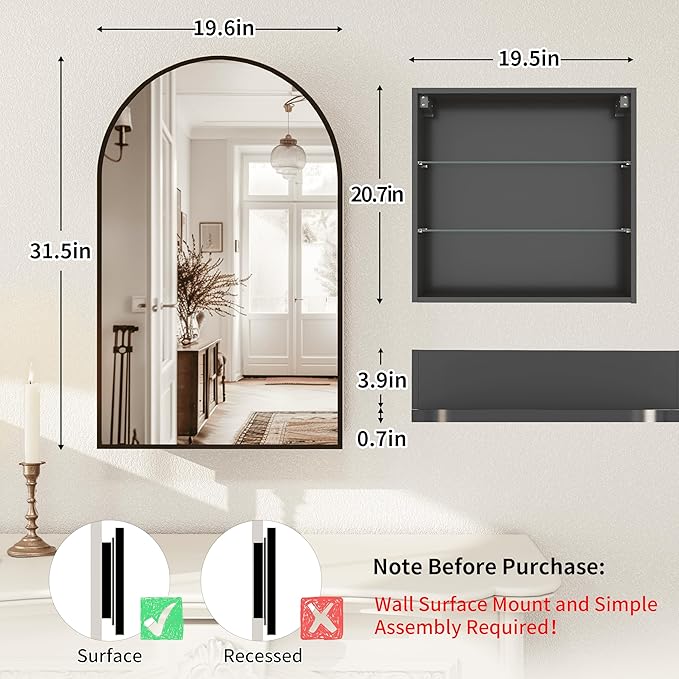 Bathroom Medicine Cabinet with Mirror, Arched Medicine Cabinet Wall Mounted, Modern Vanity Mirror with Storage, Mirrored Cabinet with Adjustable Shelves, Not Recessed, 20x32 Inch,Black