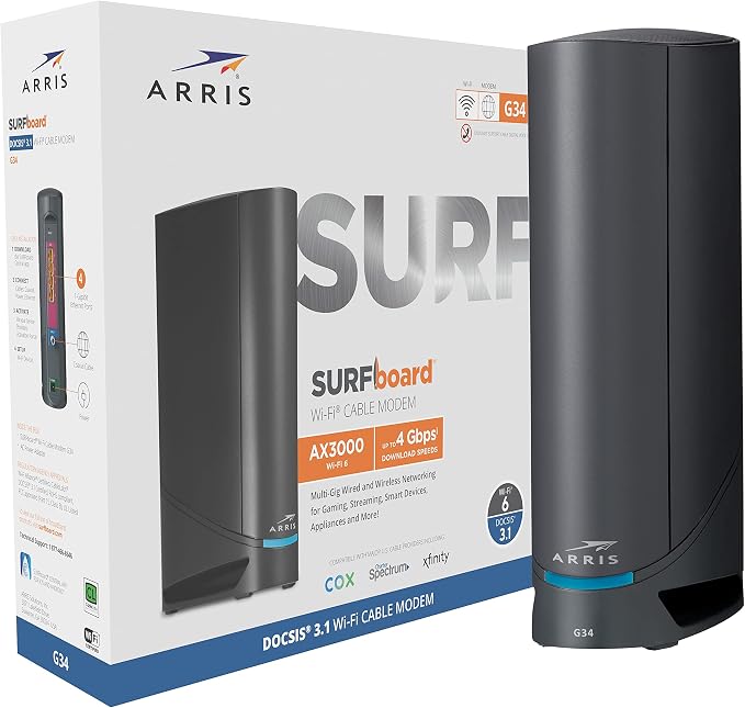 ARRIS Surfboard G34 DOCSIS 3.1 Gigabit Cable Modem & AX3000 Wi-Fi 6 Router by Amazon+Renewed