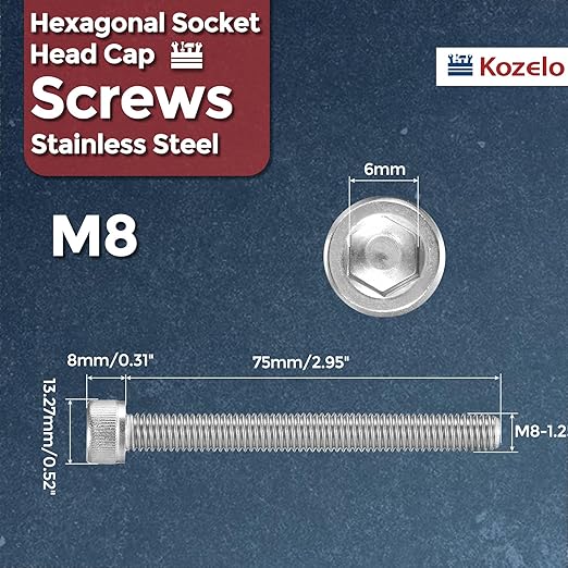Kozelo 10pcs Socket Head Cap Screws - [M8-1.25 x 75mm] 304 Stainless Steel Allen Socket Drive for Electrical Motor 3D Printing Fan Engine Replacement Use, Silver