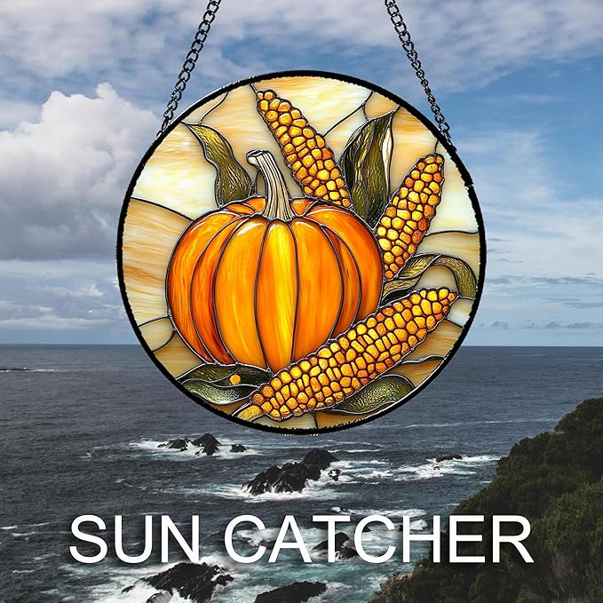 DASTOLL Stained Glass Window Hanging Autumn Harvest Pumpkin Corn 6.3" - Suncatcher Door Garden Kitchen Sunroom Sun Catcher Fall Home Decor Birthday for Mom Grandma Men Woman