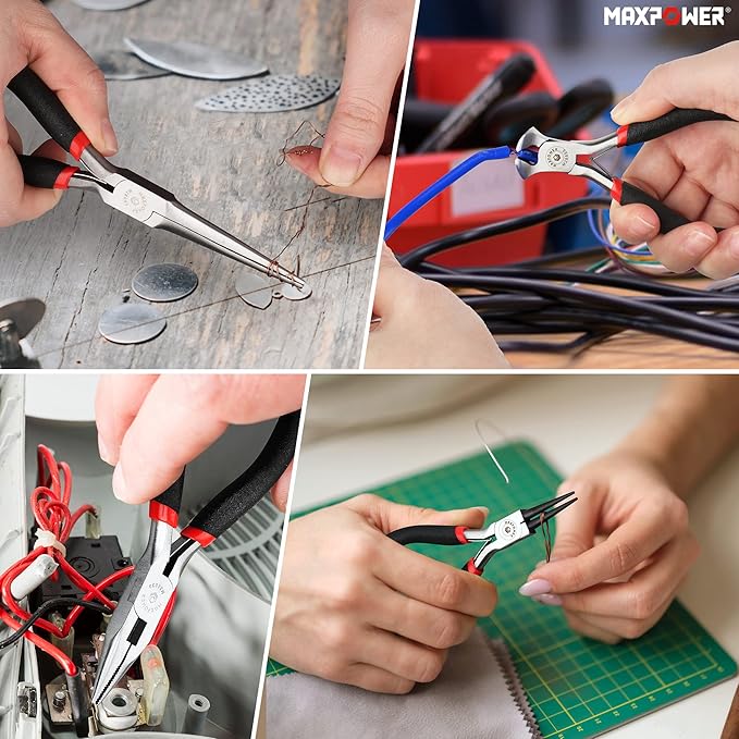 MAXPOWER Mini Jewelry Pliers Set - 8pc, Diagonal, End Cut, Bent, Combination, Flat, Needle, Round Nose (4.5-inch)