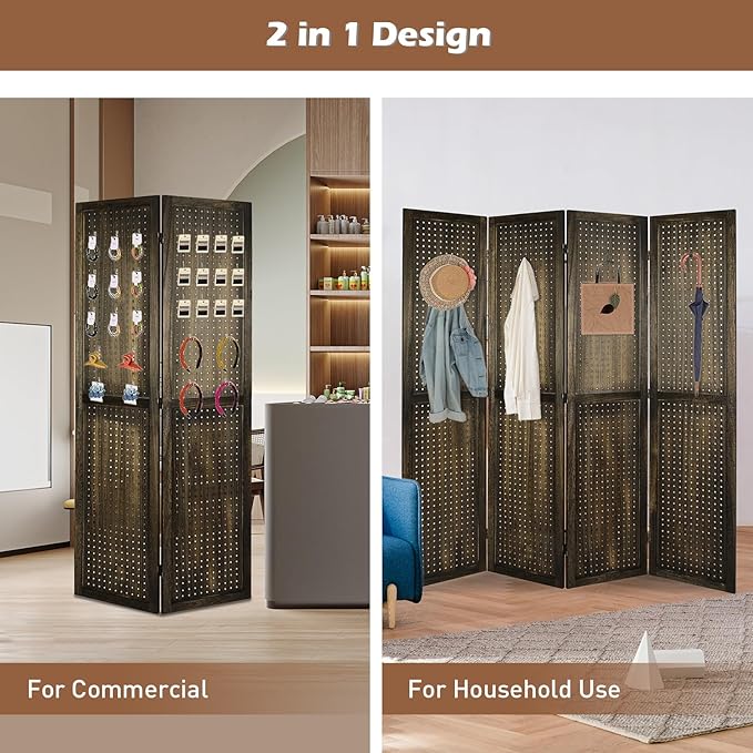 ECOMEX 4 Panel Room Divider, 5.6Ft Pegboard Display Wooden Room Divider Folding Privacy Screen Room Divider Freestanding Peg Board Display for Trade Show Craft Show Home Wall Organizer, Retro Brown