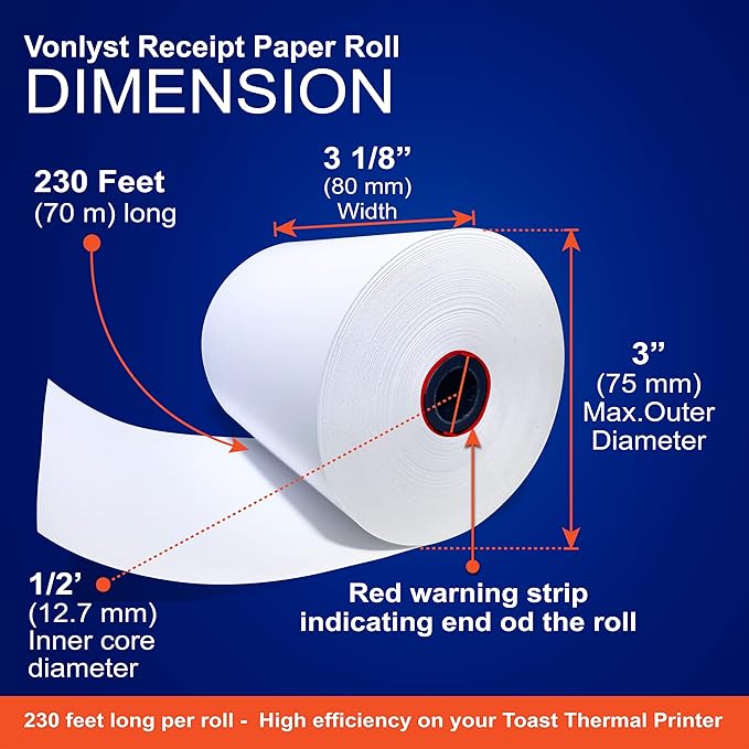 Thermal Printer Paper Roll for Toast TP200 Receipt Printer Point of Sale (12 rolls)