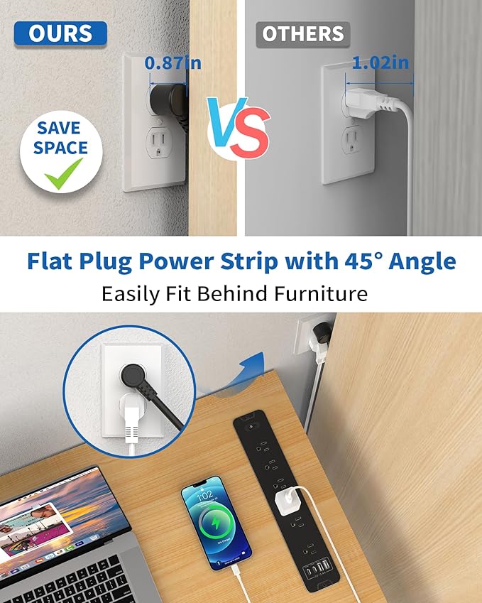 Inhwatek Recessed Power Strip with 20W USB C Port, Flush Mount Power Strip Surge Protector, 6Ft Flat Plug Extension Cord, Space-Saver Recessed Outlet for Furniture Side Table