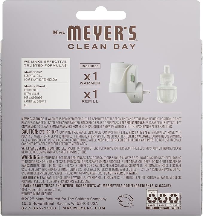MRS. MEYER'S CLEAN DAY Premium Scented Oil Diffuser Kit, Lavender, 1 warmer and .67 fl oz refill